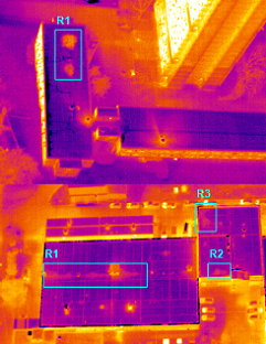 Aerial Survey showning two roofs with suspected wet areas marked